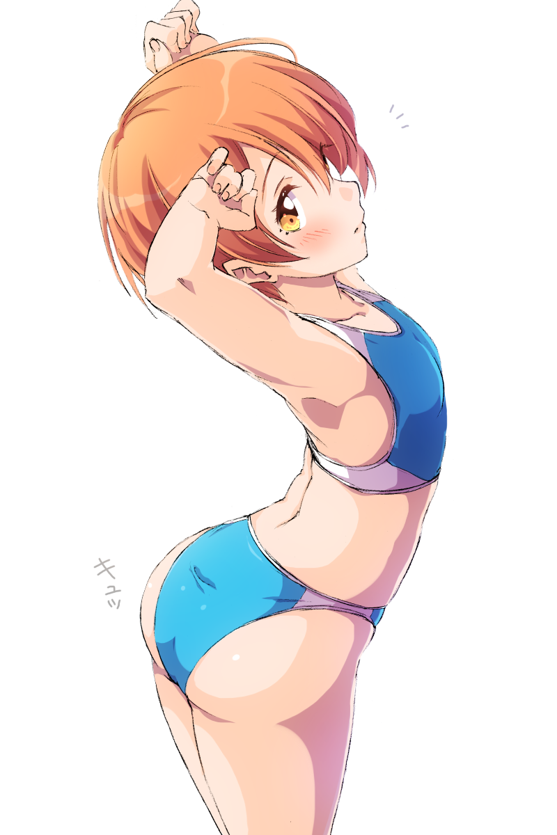 1girl arms_up ass blush closed_mouth commentary_request cowboy_shot flat_chest highres hoshizora_rin looking_at_viewer looking_to_the_side love_live! orange_eyes orange_hair sen_(sen0910) short_hair simple_background solo sportswear standing translation_request white_background