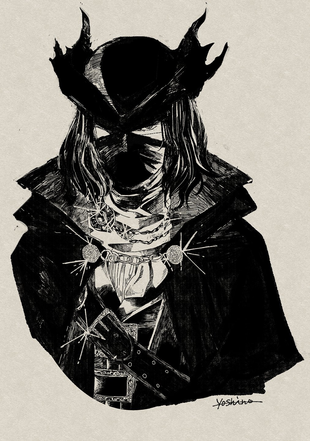 1girl artist_name bloodborne cape cropped_torso grey_background hat highres hunter_(bloodborne) looking_at_viewer mask medium_hair mouth_mask simple_background solo torn_clothes torn_hat tricorne upper_body yoshino_(cmkots)