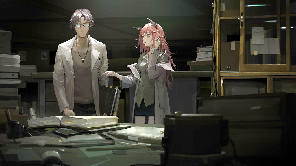 1boy 1girl adjusting_hair animal_ears artist_request bags_under_eyes binder black_pants black_skirt book bookmark box breasts cabinet cardboard_box cat_ears coat cup desk folder game_cg girls'_frontline glass grey_hair holding holding_folder indoors initial jewelry lab_coat long_hair long_sleeves looking_at_another lycoris_(girls'_frontline) medium_breasts messy messy_hair mug necklace note notebook object_request off_shoulder office official_art open_book pants paper pen persica_(girls'_frontline) pink_hair pointing rectangular_eyewear sangvis_ferri scientist shirt short_hair skirt sticky_note very_long_hair white_coat