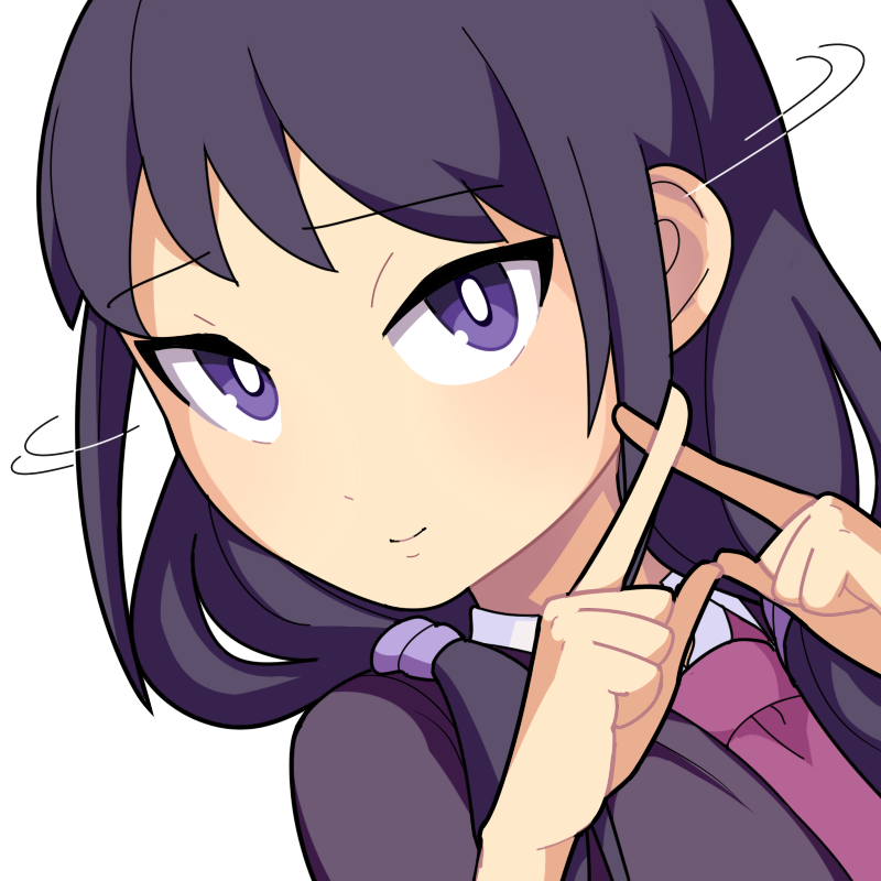 1girl black_hair black_jacket blush bright_pupils closed_mouth collared_shirt commentary_request crossed_fingers dutch_angle hair_over_shoulder hair_tie hospital_king jacket long_hair looking_at_viewer low_twintails medium_bangs necktie purple_eyes purple_necktie shaking_head shirt simple_background smile solo tamura_yuri twintails upper_body watashi_ga_motenai_no_wa_dou_kangaetemo_omaera_ga_warui! white_background white_pupils white_shirt