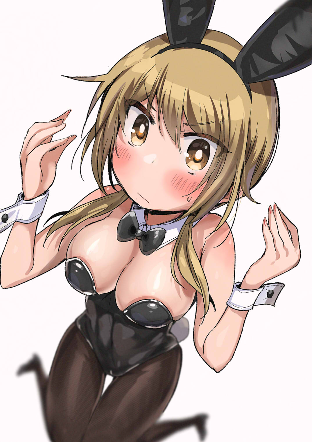 1girl animal_ears bare_shoulders black_leotard blonde_hair blurry blush bow bowtie breasts brown_eyes brown_pantyhose closed_mouth commentary_request covered_navel depth_of_field detached_collar fake_animal_ears fake_tail hair_between_eyes hands_up highres ichii_yui large_breasts leotard long_hair looking_at_viewer low_twintails nail_polish pantyhose pink_nails playboy_bunny rabbit_ears rabbit_tail simple_background solo strapless strapless_leotard sweatdrop tail tatsunokosso traditional_bowtie twintails white_background wrist_cuffs yuyushiki