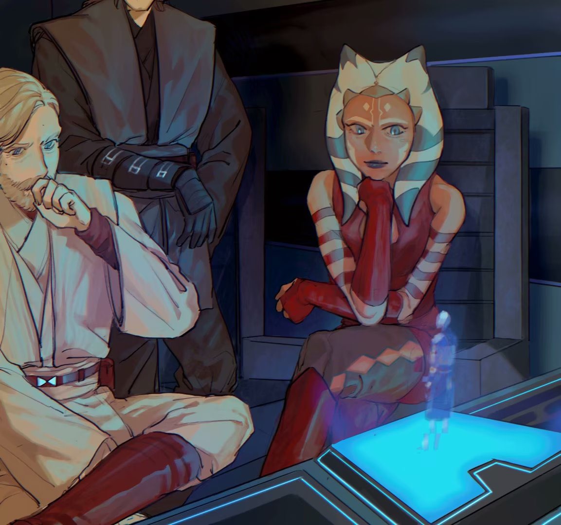 1girl ahsoka_tano anakin_skywalker beard belt black_gloves blue_eyes boots brown_belt chair facial_hair fingerless_gloves gloves hologram legs mole mole_under_eye obi-wan_kenobi science_fiction sitting star_wars star_wars:_the_clone_wars strawberryreddy togruta