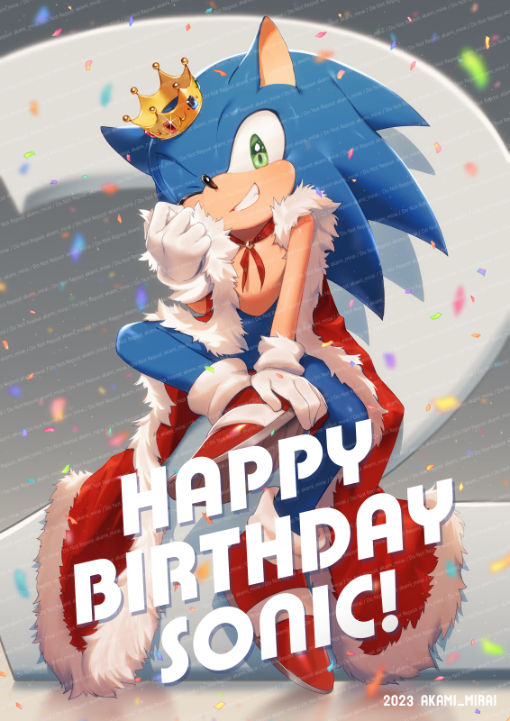 1boy 2023 animal_ears animal_nose anniversary artist_name blue_fur blue_gemstone blush cape confetti crown fang floor fur-trimmed_cape fur_trim furry furry_male gem gloves green_eyes grey_background hand_up happy_birthday hedgehog hedgehog_ears iiimirai leg_up looking_at_viewer male_focus one_eye_closed pink_gemstone red_cape red_footwear red_gemstone reflection reflective_floor shadow shoes sitting smile sneakers socks solo sonic_(series) sonic_the_hedgehog sparkle teeth white_gloves white_socks