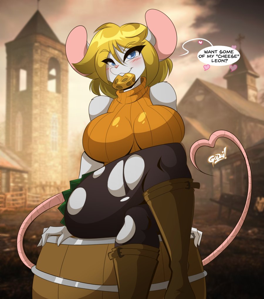&lt;3 alternate_species anthro ashley_graham_(resident_evil) big_breasts biting_object blonde_hair blue_eyes boots bottomwear breasts capcom cheese clothing dairy_products english_text female food footwear hair legwear mammal mastergodai mouse moushley murid murine object_in_mouth resident_evil rodent sitting_on_barrel sitting_on_object skirt solo speech_bubble sweater text topwear torn_clothing torn_legwear turtleneck white_body