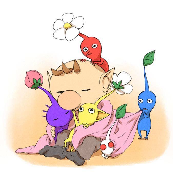 1boy alternate_costume big_nose black_eyes black_socks blanket blue_pikmin blue_skin brown_hair brown_pants bud closed_eyes colored_skin commentary_request creature flower full_body hand_on_another's_chin holding holding_blanket holding_creature hug looking_at_another naru_(wish_field) no_mouth no_shoes olimar pants pikmin_(creature) pikmin_(series) pointy_ears pointy_nose purple_hair purple_pikmin purple_skin red_eyes red_pikmin red_skin shadow short_hair sitting sitting_on_head sitting_on_person socks solid_circle_eyes straight-on triangle_mouth under_covers very_short_hair white_background white_flower white_pikmin white_skin yellow_pikmin yellow_skin
