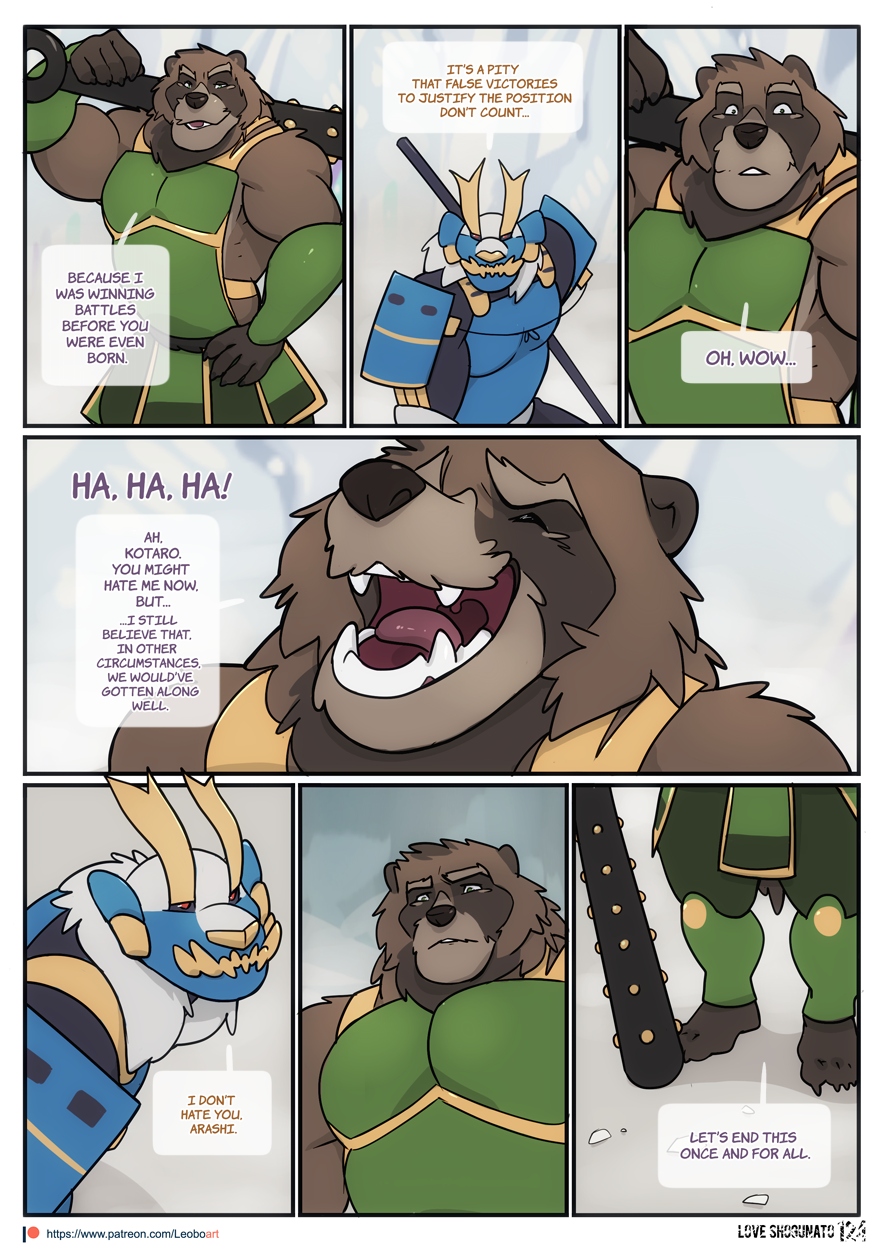 anthro arashi_(leobo) armor barefoot blue_armor brown_body brown_fur canid canine close-up club_(weapon) color_coded_text comic dialogue duo english_text eyes_closed feet felid fighting_pose fur green_armor green_eyes halberd headgear helmet hi_res holding_object holding_weapon imminent_fight kotaro_(leobo) laugh leobo male mammal mask melee_weapon page_number pantherine patreon patreon_logo polearm pose raccoon_dog red_eyes seven_frame_image speech_bubble standing surprise tanuki text tiger url weapon weapon_on_shoulder