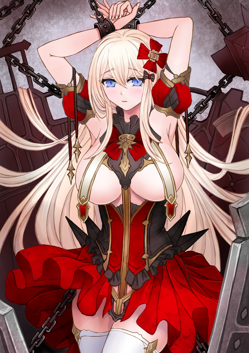 1girl armpits arms_up azur_lane bare_shoulders bdsm between_breasts blonde_hair blue_eyes bondage bound bound_wrists breast_curtains breasts chain chained cowboy_shot cross cuffs detached_sleeves dress fortune_(meta)_(azur_lane) hair_between_eyes hair_ornament highres large_breasts long_hair looking_at_viewer presenting_armpit puffy_short_sleeves puffy_sleeves red_dress restrained sai-go shackles short_dress short_sleeves solo standing strap_between_breasts thighhighs very_long_hair white_thighhighs zettai_ryouiki