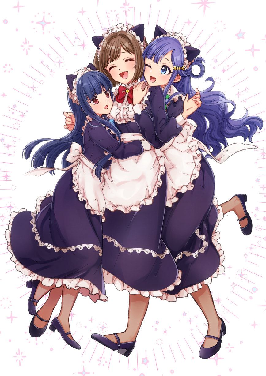 3girls ;d ^_^ animal_ears apron asari_nanami bintaptyo blue_bow blue_bowtie blue_eyes blue_hair blunt_bangs blush bow bowtie breasts brown_hair cat_ears closed_eyes dot_nose dress fake_animal_ears fish_hair_ornament frilled_apron frilled_dress frills full_body green_bow green_bowtie hair_ornament hair_rings hand_up highres hug idolmaster idolmaster_cinderella_girls idolmaster_cinderella_girls_starlight_stage large_breasts long_hair long_sleeves looking_at_another maekawa_miku mary_janes medium_breasts multiple_girls one_eye_closed open_mouth pantyhose purple_dress red_bow red_bowtie red_eyes sajo_yukimi shoes short_hair simple_background smile standing standing_on_one_leg very_long_hair waist_bow white_apron white_background white_bow white_headdress