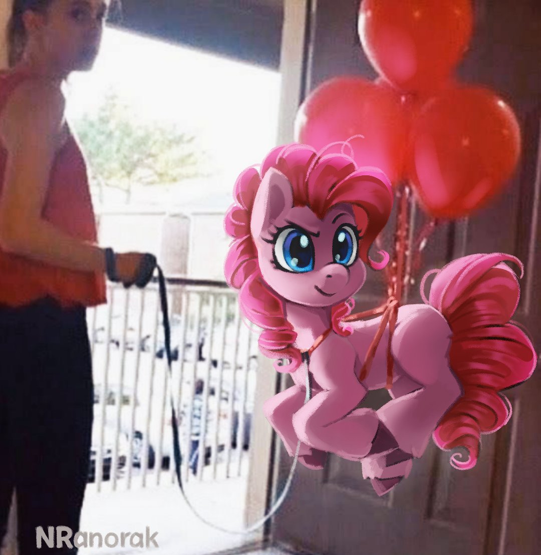 anoraknr balloon blue_eyes collar door doorway eyebrows floating friendship_is_magic fur hair hasbro hooves human inflatable leash mammal my_little_pony photo_background photography_(artwork) pink_body pink_fur pink_hair pinkie_pie_(mlp) ponies_in_real_life raised_eyebrow real