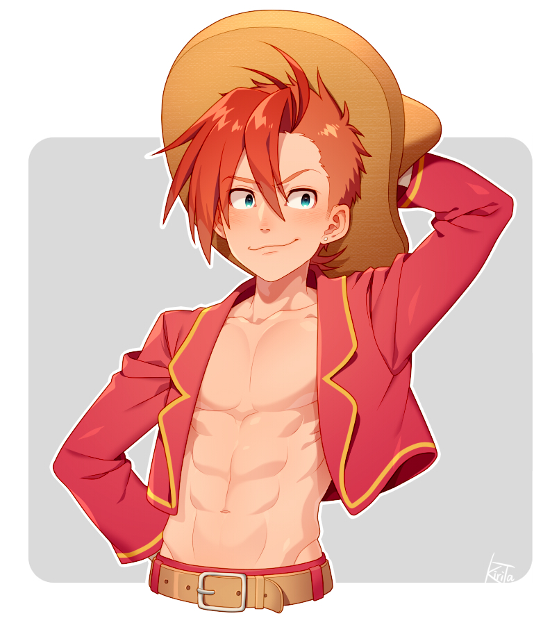 1boy abs adjusting_clothes adjusting_headwear belt blue_eyes border brown_belt brown_hair collarbone earrings hair_between_eyes hat jewelry kiri_futoshi long_sleeves male_focus open_clothes open_shirt panchito_pistoles personification red_hair red_shirt shirt short_hair smile solo sombrero the_three_caballeros white_border