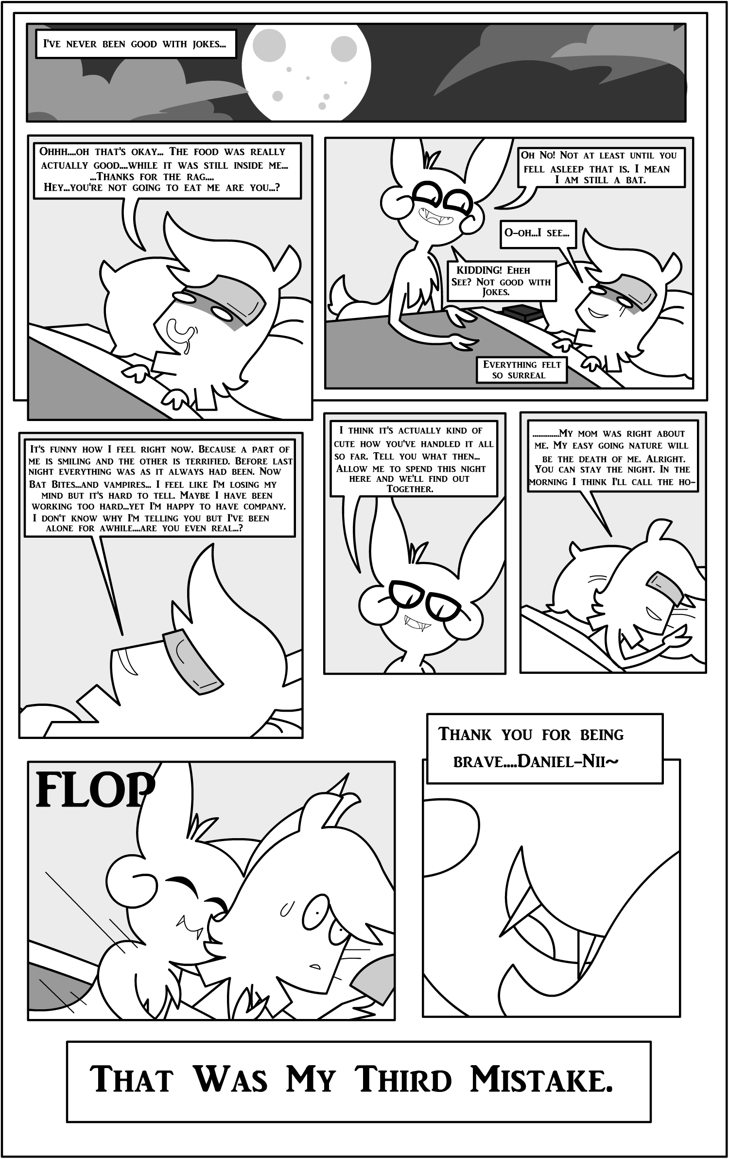 ambiguous_gender anthro bat bed border cloud comic cuddling daniel_toke dialogue duo english_text eyes_closed fangs furniture greyscale happy hi_res human ill inner_monologue lying male male/ambiguous mammal monochrome moon motion_lines narration night on_bed pillow rag scared shane_frost sleeping smile speech_bubble teeth text white_border