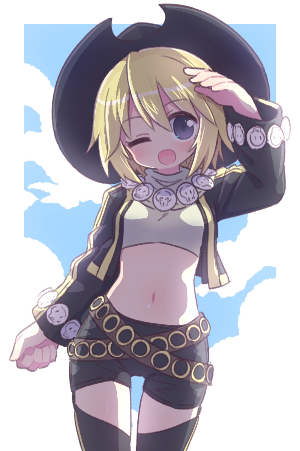 1girl ;d arm_up black_headwear black_jacket black_shorts blonde_hair blue_sky breasts cloud commentary_request crop_top cropped_jacket day grey_eyes hair_between_eyes hat highres jacket long_sleeves looking_at_viewer midriff naga_u navel one_eye_closed open_clothes open_jacket revision short_shorts shorts sky small_breasts smile solo sonolar summon_night summon_night_3 turtleneck