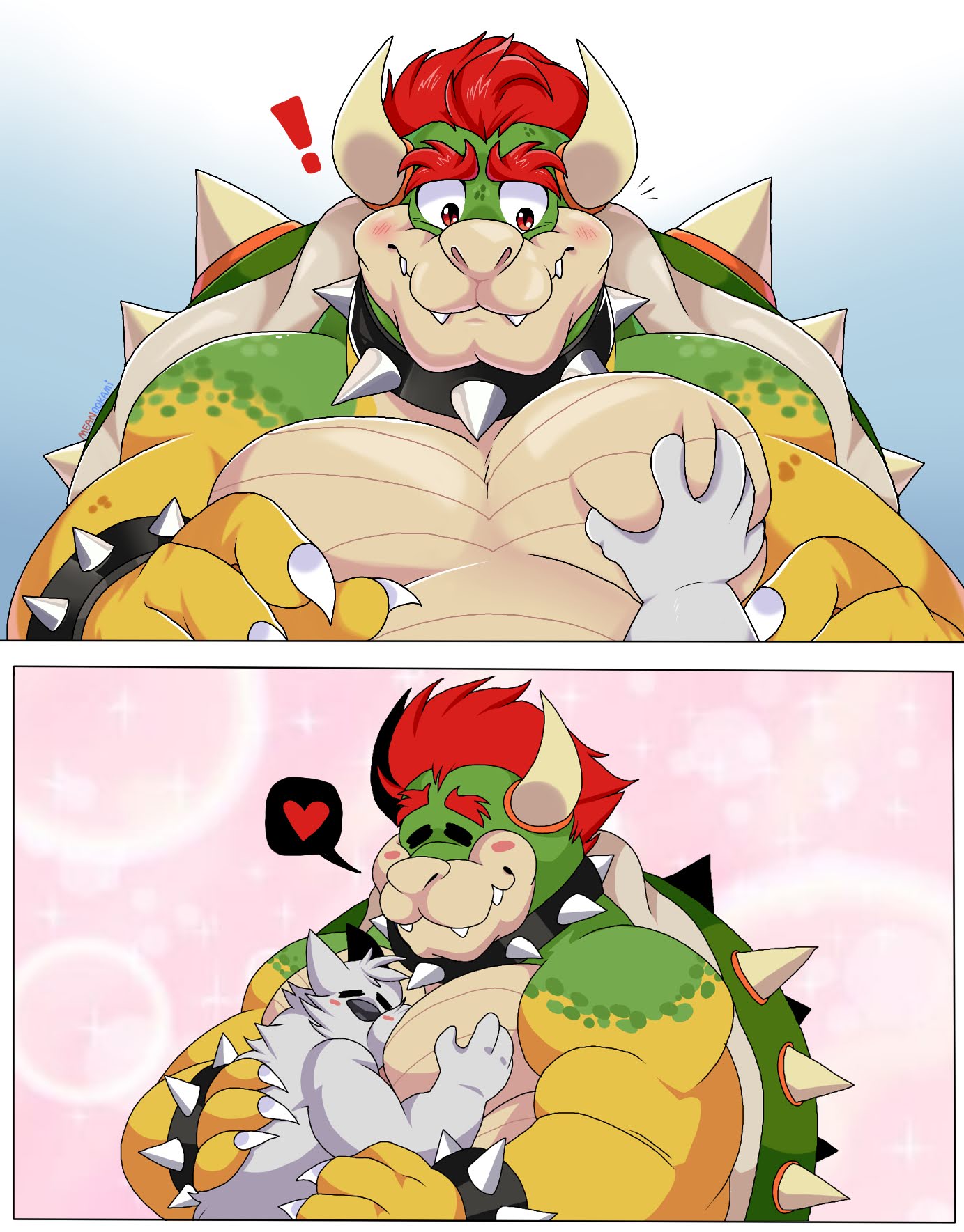 &lt;3 2023 anon anthro anthro_on_anthro big_muscles big_pecs blush bowser bracelet canid canine claws collar dialogue_box duo embrace exclamation_point eyebrows eyes_closed fur hair hand_on_chest hand_on_pecs hi_res horn hug jewelry koopa lewdookami lucky_skebe male male/male mammal mario_bros meme muscular muscular_anthro muscular_male nintendo nude pec_grab pec_smothering pec_squeeze pec_squish pecs scalie shell simple_background size_difference smile smothering spiked_bracelet spiked_collar spiked_shell spikes spikes_(anatomy) squish surprise teeth tuft