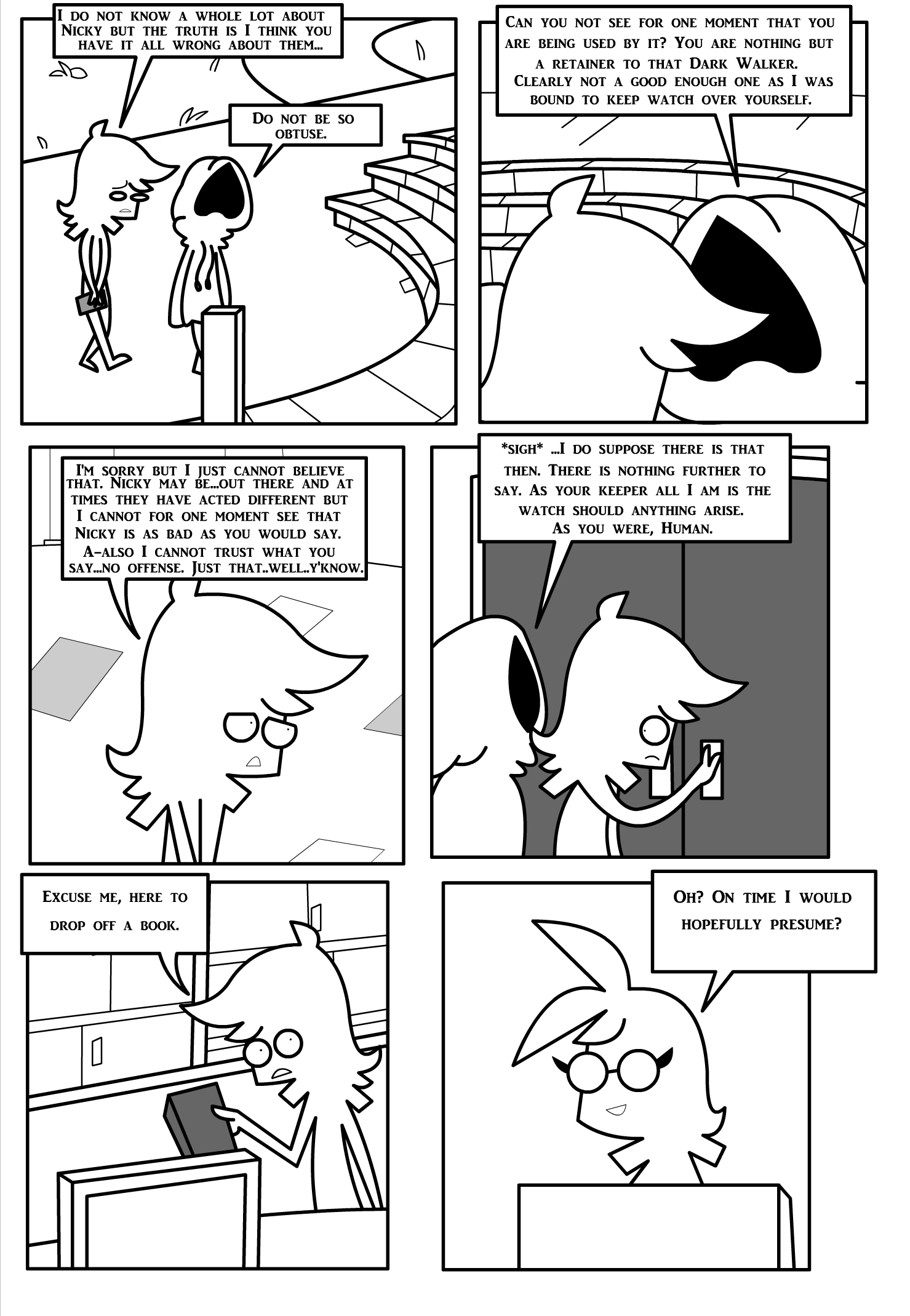 ambiguous_gender book border bottomless clothed clothing comic daniel_toke dialogue door doorframe english_text eyewear female female_(lore) frown glasses grass greyscale group hi_res holding_book holding_object hoodie hoodie_only human human_only inside looking_at_another male mammal mivliano_10-c monochrome narrowed_eyes not_furry outside plant rock shane_frost speech_bubble text topwear topwear_only trio walking white_border