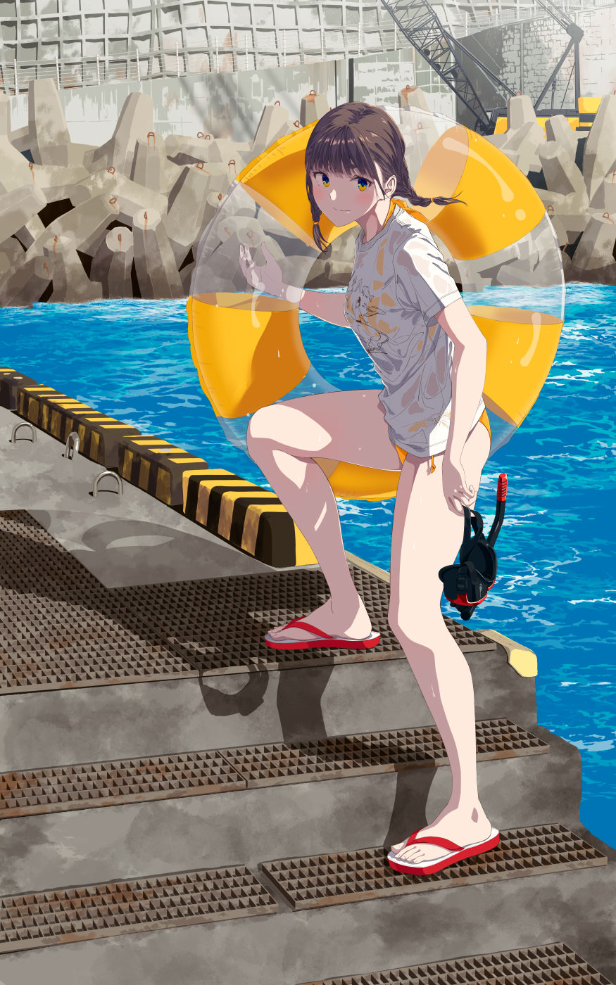 1girl bare_legs bikini bikini_under_clothes blush brown_hair closed_mouth day eyelashes feet flip-flops full_body hand_up highres hiwatari_rin holding innertube legs looking_at_viewer original outdoors red_footwear sandals shadow shirt short_twintails side-tie_bikini_bottom solo stairs swimsuit toenails toes twintails water wet wet_clothes wet_shirt white_shirt yellow_bikini yellow_eyes