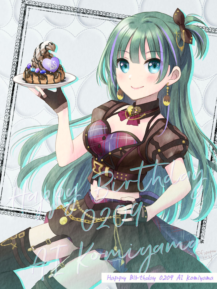 1girl black_bow black_gloves black_thighhighs blue_eyes blush bow bra breasts brooch brown_shirt brown_skirt character_name chocolate_syrup closed_mouth crop_top dated detached_collar dot_nose earrings fingerless_gloves food fukuda_fukutarou garter_straps gloves green_hair hair_between_eyes hair_bow halterneck hand_on_own_hip happy_birthday highres holding holding_plate ice_cream idoly_pride jewelry komiyama_ai long_bangs long_hair looking_at_viewer medium_breasts midriff miniskirt multicolored_hair navel neck_ribbon one_eye_closed plaid plaid_bra plate pleated_skirt purple_hair raised_eyebrows red_ribbon ribbon shirt short_sleeves skirt smile solo straight_hair streaked_hair studded_gloves sundae thighhighs underwear zettai_ryouiki