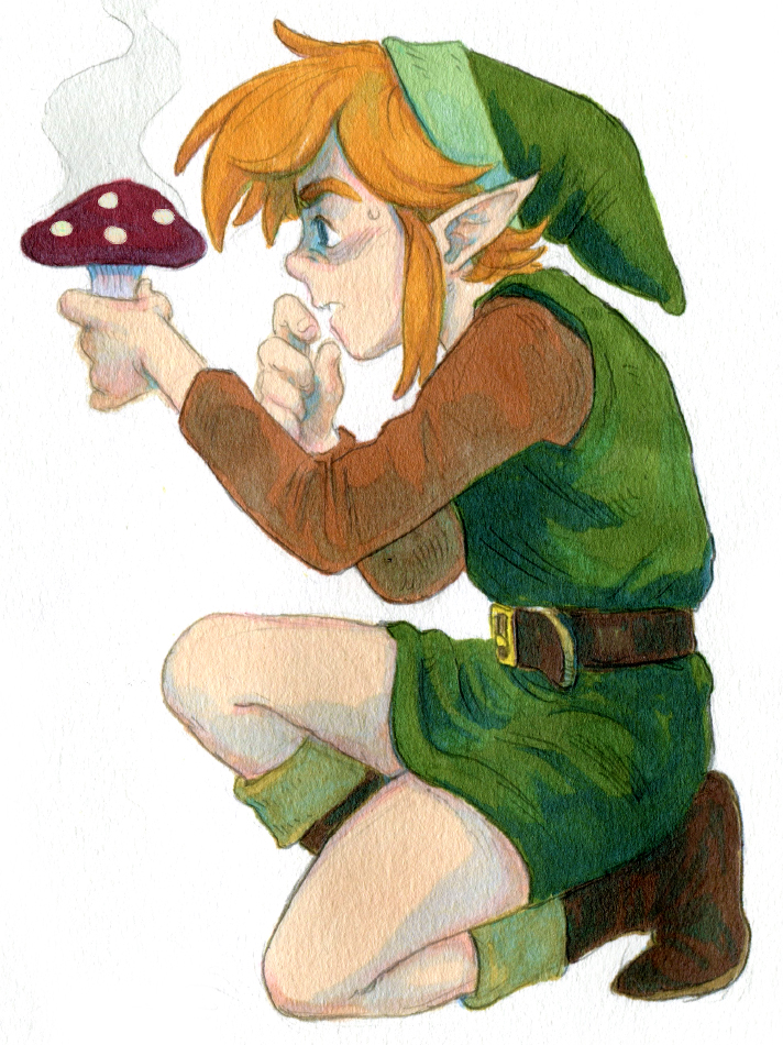 1boy belt blonde_hair boots brown_belt brown_footwear brown_shirt from_side green_headwear green_tunic holding holding_mushroom link long_sleeves male_focus mushroom nervous parted_lips pointy_ears rvsa shirt simple_background smell sweatdrop the_legend_of_zelda the_legend_of_zelda:_a_link_to_the_past white_background