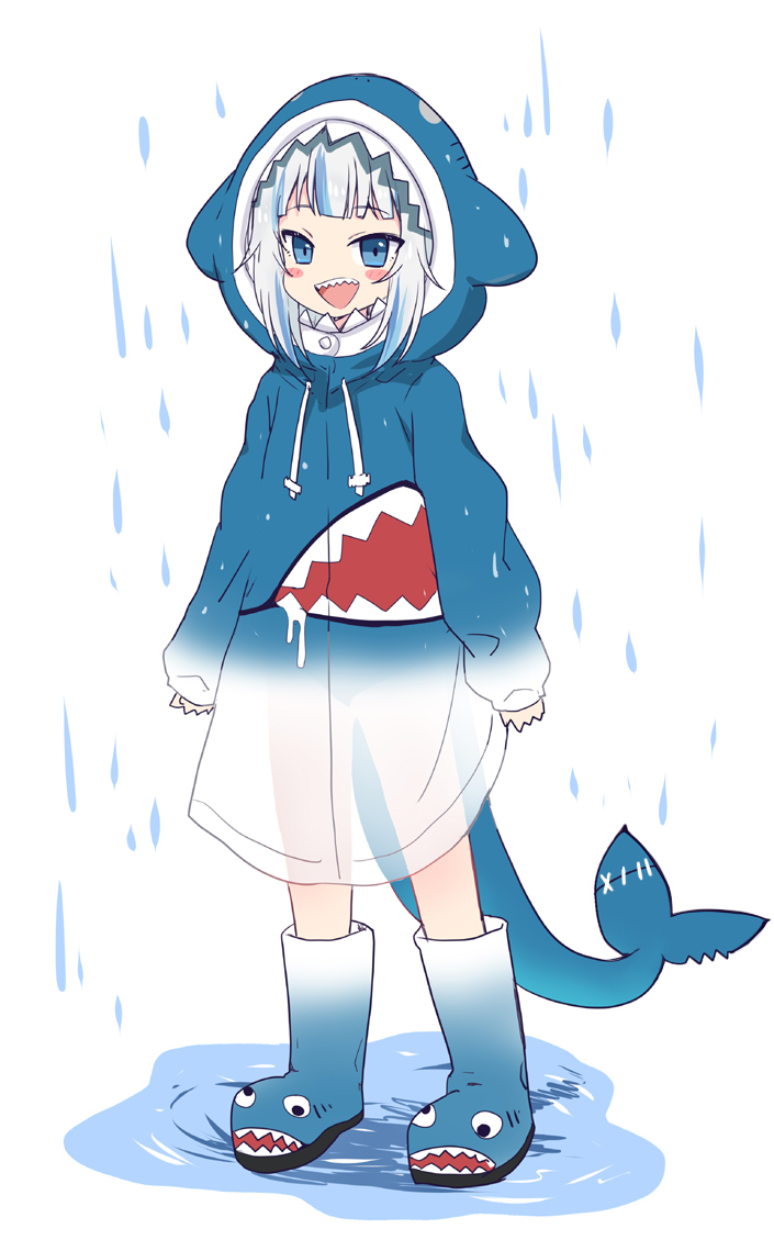 1girl :d animal_costume animal_hood blue_eyes blue_footwear blue_hair blue_hoodie blunt_bangs blush_stickers boots commentary_request fins fish_tail flat_chest full_body gawr_gura gawr_gura_(1st_costume) gradient_footwear gradient_hoodie hololive hololive_english hood hood_up hoodie itamochi looking_at_viewer multicolored_hair open_mouth puddle rain rubber_boots see-through shark_costume shark_girl shark_hood shark_print shark_tail sharp_teeth sidelocks simple_background sleeves_past_wrists smile solo standing stitches streaked_hair tail teeth virtual_youtuber water white_background white_footwear white_hair white_hoodie