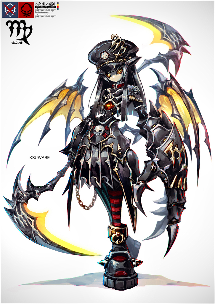 1girl artist_name asymmetrical_arms black_hair chain commentary_request demon_wings full_body gauntlets hat holding holding_scythe k-suwabe long_hair looking_at_viewer narrow_waist no_mouth original oversized_forearms oversized_limbs scythe single_gauntlet skull_ornament socks solo standing striped striped_socks virgo_(zodiac) wings yellow_eyes