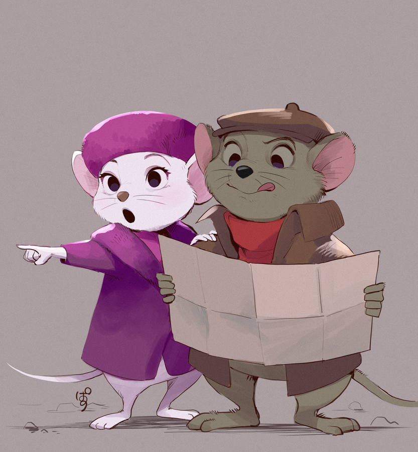 anthro bernard_(the_rescuers) chapka clothing coat disney duo female hat headgear headwear male mammal map miss_bianca_(the_rescuers) mouse murid murine open_mouth pacota22ma rodent standing the_rescuers_(disney) topwear