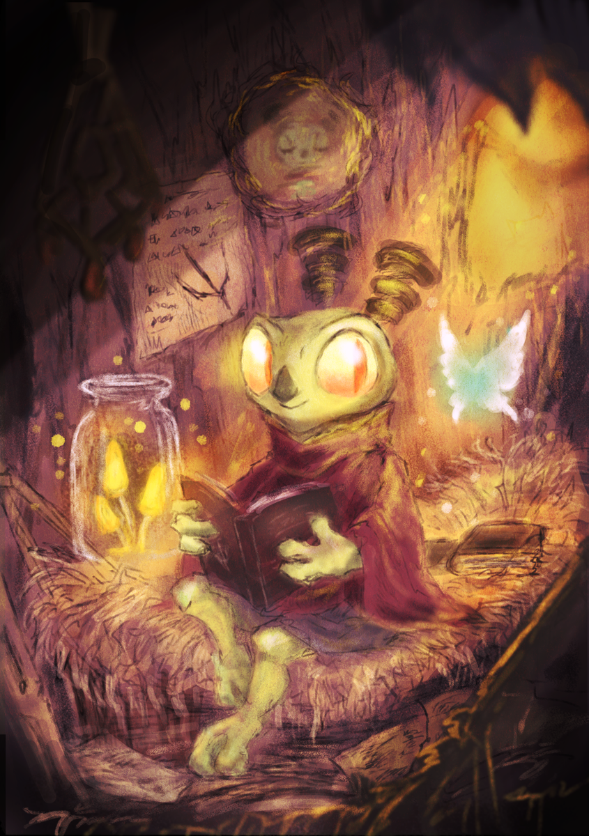 book brown_robe bug butterfly ei_(stingray) highres indoors looking_at_viewer lupo_(ori_and_the_blind_forest) mixed-language_commentary mushroom open_book ori_and_the_blind_forest robe sitting slit_pupils smile yellow_eyes
