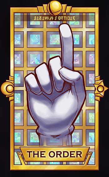 black_border border commentary crescent disembodied_limb english_commentary english_text gloves grid_background master_hand no_humans pointing pointing_up quas-quas smash_ball solo star_(symbol) super_smash_bros. tarot tarot_(medium) white_gloves