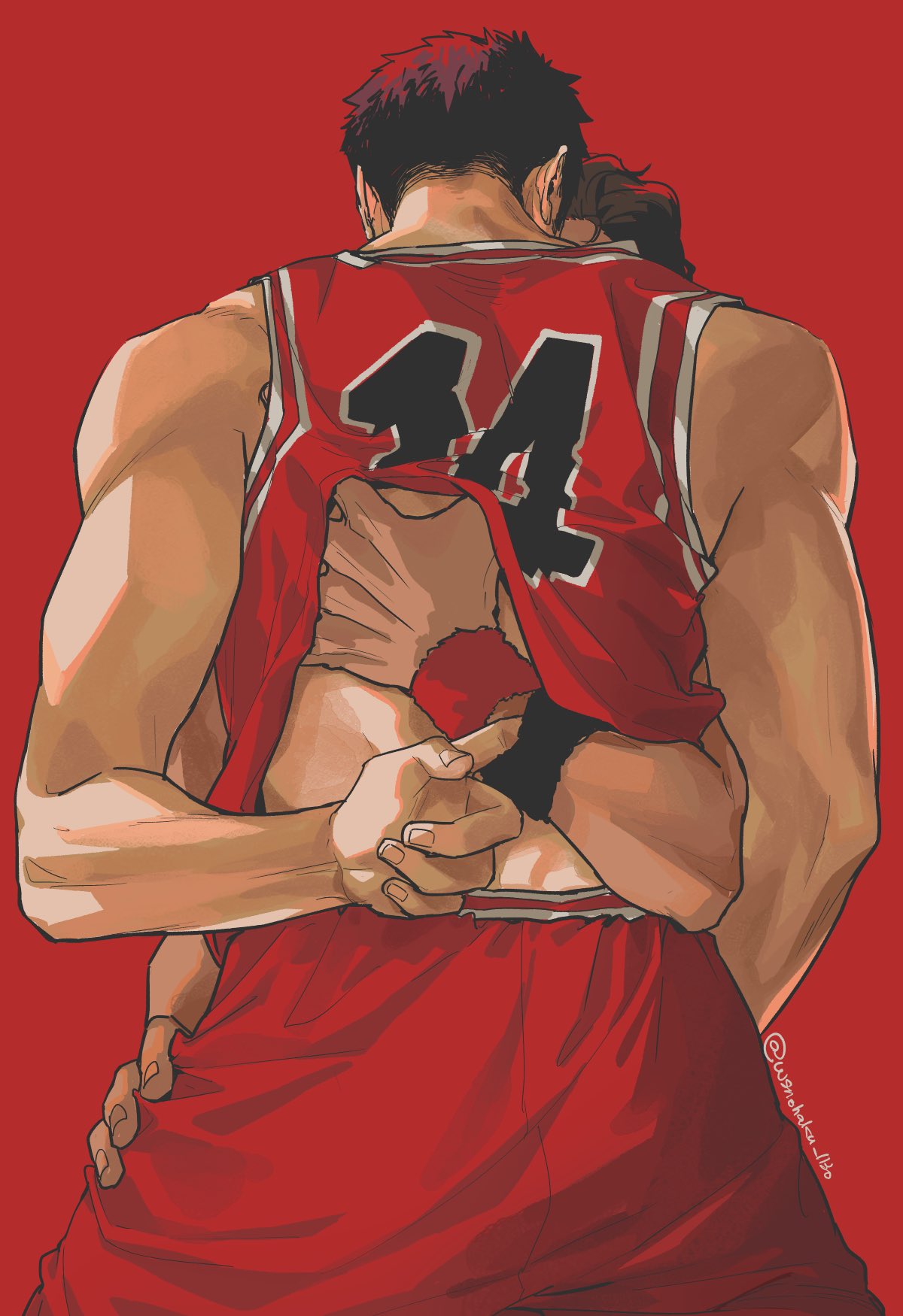 2boys back bara basketball_uniform clothes_lift feet_out_of_frame from_behind hand_on_another's_thigh hand_under_clothes highres killuaz1130 lifted_by_another male_focus mitsui_hisashi miyagi_ryouta multiple_boys shirt shirt_lift short_hair slam_dunk_(series) sleeveless sleeveless_shirt sportswear toned toned_male undressing_another yaoi