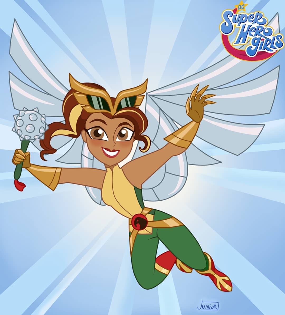 1girl belt blue_background boots brown_eyes brown_hair dc_comics dc_super_hero_girls egitojuniior eyewear_on_head full_body gloves gold_armor green_pants hawkgirl holding holding_weapon looking_at_viewer mace metal_wings official_style pants ponytail red_footwear signature smile solo spike_ball spiked_mace spikes sunglasses superhero teeth weapon wings