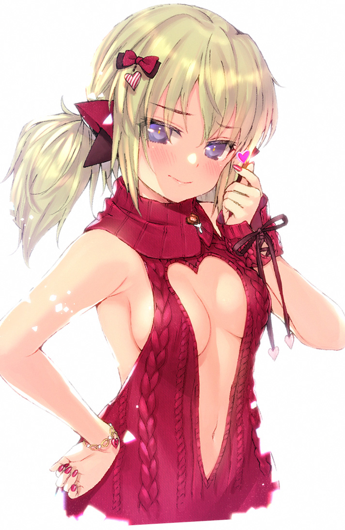 1girl blonde_hair blush bow breasts chiyomarupon_(y1pfq8tm92wcq5m) cleavage_cutout closed_mouth clothing_cutout finger_heart hair_ornament hair_ribbon heart heart_cutout heart_hair_ornament kafuru_(senran_kagura) low_twintails medium_breasts meme_attire nail_polish purple_eyes red_bow red_sweater ribbon senran_kagura sideboob simple_background smile solo sweater twintails upper_body virgin_killer_sweater white_background