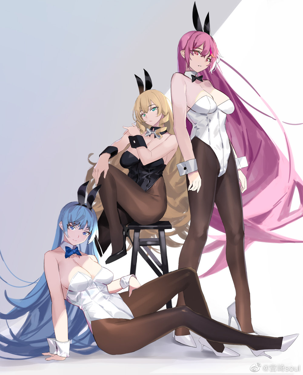 3girls animal_ears aqua_eyes bar_stool black_bow black_bowtie black_collar black_footwear black_leotard black_wrist_cuffs blonde_hair blue_bow blue_bowtie blue_eyes blue_hair bow bowtie breasts brown_pantyhose character_request choppy_bangs cleavage collar detached_sleeves double-parted_bangs drill_hair drill_sidelocks fake_animal_ears full_body hand_on_knees high_heels highres large_breasts leotard long_hair looking_at_viewer miyazakisoul multiple_girls pantyhose parted_lips pink_hair playboy_bunny pointy_ears rabbit_ears red_eyes shadow sidelocks sitting sketch standing stool very_long_hair warship_girls_r white_background white_collar white_footwear white_leotard white_wrist_cuffs wrist_cuffs