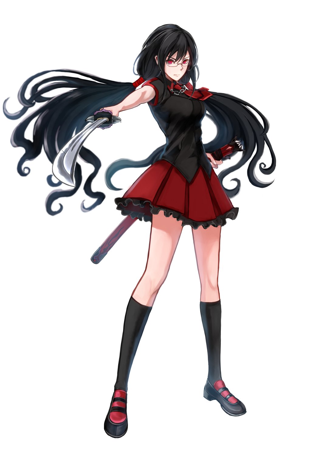 1girl akito1218 black_footwear black_hair black_skirt black_socks blood-c closed_mouth frilled_skirt frills full_body glasses highres holding holding_sheath holding_sword holding_weapon katana kisaragi_saya long_hair looking_at_viewer necktie outstretched_arm red_eyes red_necktie red_skirt school_uniform sheath short_necktie short_sleeves simple_background skirt socks solo standing sword twintails very_long_hair weapon white_background