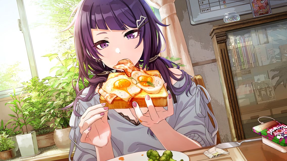 1girl bacon black_bra blunt_bangs bookshelf bra bra_peek breasts broccoli butter butter_knife cellphone chair commentary curtains day diagonal_bangs dutch_angle earrings eating egg fingernails food food_in_mouth fried_egg fried_egg_on_toast game_cg grey_shirt hair_ornament hair_tie hairclip holding holding_food idolmaster idolmaster_shiny_colors indoors jewelry looking_at_food low_twintails off_shoulder official_art phone pink_nails plant plate potted_plant purple_eyes purple_hair shirt sitting small_breasts smartphone solo table tanaka_mamimi toast twintails underwear upper_body window