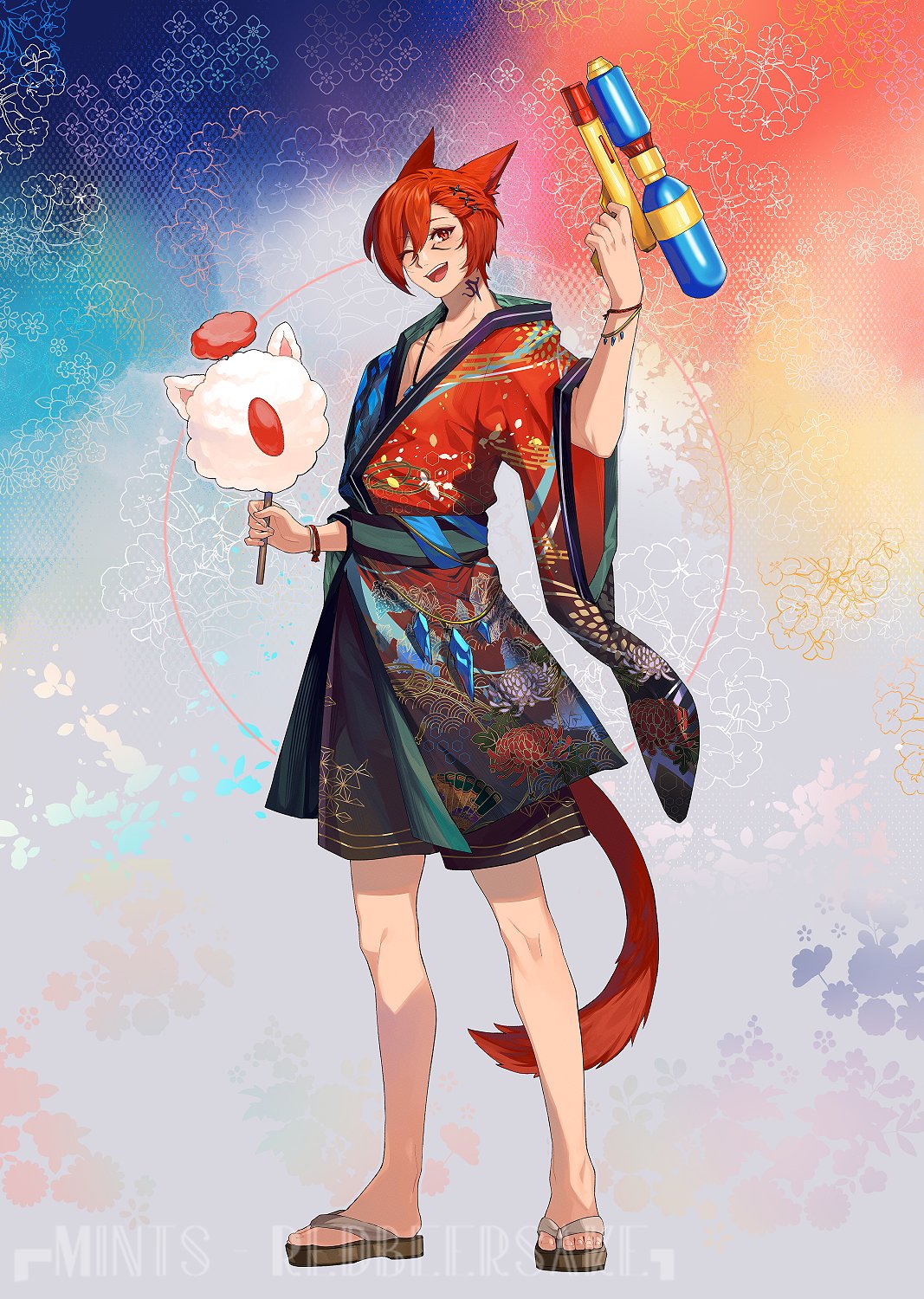 1boy animal_ears bracelet cat_boy cat_ears cat_tail facial_mark final_fantasy final_fantasy_xiv full_body g'raha_tia hair_between_eyes hair_ornament highres holding holding_water_gun japanese_clothes jewelry kimono male_focus miqo'te moogle neck_tattoo necklace one_eye_closed open_mouth red_eyes red_hair red_kimono redricewine sandals short_hair short_kimono smile solo standing tail tattoo water_gun watermark wide_sleeves x_hair_ornament