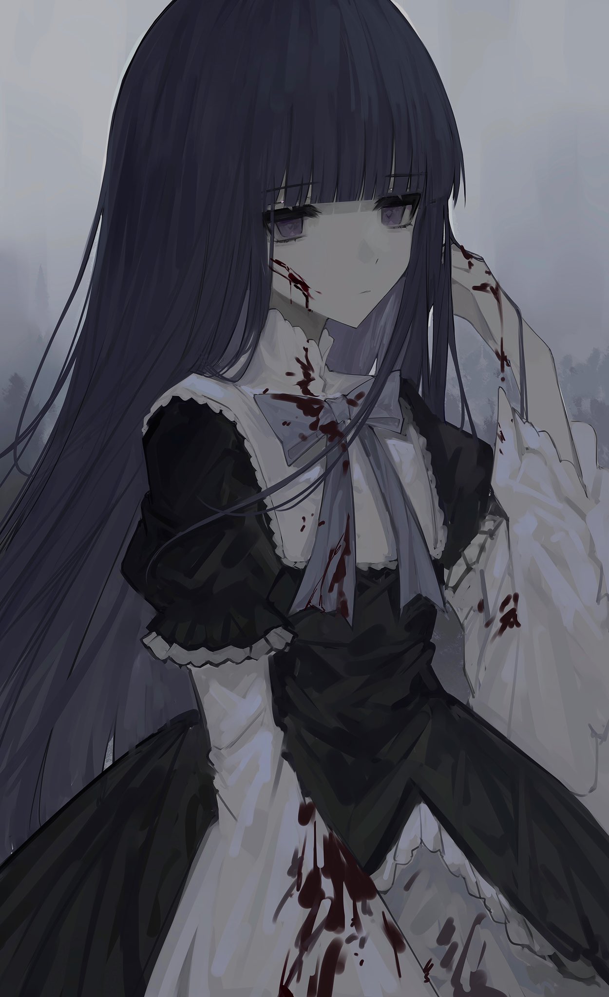 1girl black_dress blood blood_on_clothes blood_on_face blunt_bangs bow bowtie dress empty_eyes frederica_bernkastel frilled_dress frilled_sleeves frills highres hime_cut layered_dress long_hair puffy_sleeves purple_bow purple_bowtie purple_eyes purple_hair solo umineko_no_naku_koro_ni wide_sleeves zi_qi_xiang