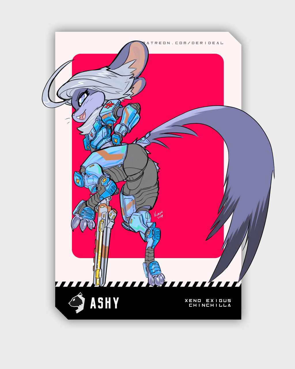 2023 4:5 anthro armor chinchilla chinchillid claws claws_out colored derideal digital_drawing_(artwork) digital_media_(artwork) ears_back english_text female grey_hair hair hi_res icon kiaun letters long_tail looking_away mammal open_mouth pivoted_ears portrait rodent shaded signature simple_background solo symbol tail text tongue url weapon
