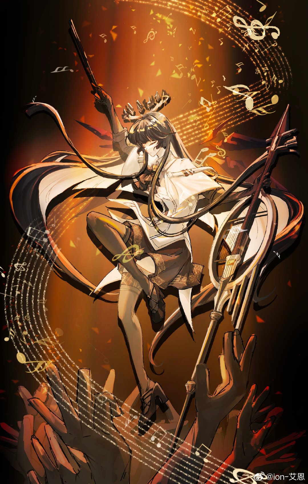 1girl absurdly_long_hair arknights arm_up artist_name ascot belt belt_buckle black_ascot black_background black_footwear black_gloves black_hair black_halo black_shirt black_skirt black_thighhighs black_wings blunt_bangs bow_(music) broken_halo buckle cello chinese_commentary chinese_text closed_eyes closed_mouth collared_jacket colored_inner_hair commentary_request dark_halo detached_wings drop_shadow energy_wings expressionless eyelashes facing_ahead floating floating_hair from_side full_body gloves gradient_background halo hand_up high_collar high_heels highres hime_cut holding holding_bow_(music) holding_instrument holding_violin instrument ion jacket knee_up layered_sleeves legs light_particles long_hair long_sleeves miniskirt mole mole_under_eye multicolored_hair multiple_hands musical_note orange_background pale_skin pleated_skirt shadow shirt short_over_long_sleeves short_sleeved_jacket short_sleeves sidelocks signature skirt solo spotlight staff_(music) straight_hair strappy_heels thighhighs two-tone_hair very_long_hair violin virtuosa_(arknights) weibo_logo weibo_username white_belt white_hair white_jacket wide_sleeves wing_collar wings zettai_ryouiki
