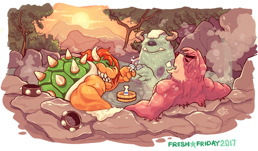 alcohol anthro bear beverage bowser breath disney fangs fur grin group hair horn hot_spring kumatetsu male mammal mario_bros monsters_inc nintendo pixar plant red_hair sake scrotumnose shell sigh smile spiked_shell spikes spikes_(anatomy) steam sulley sun teeth the_boy_and_the_beast tree trio water wet wet_body wet_fur wet_hair