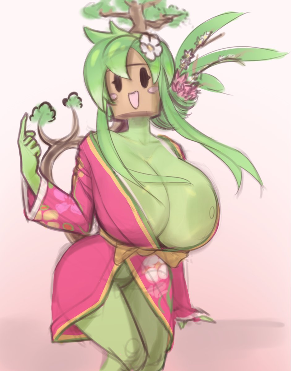 areola asian_clothing big_breasts black_eyes blaster_master breasts clothing east_asian_clothing elemental_creature elemental_humanoid female flora_fauna for_a_head green_areola green_body green_hair green_nipples hair hi_res huge_breasts humanoid japanese_clothing kanna_(blaster_master) kimono looking_at_viewer nipples not_furry open_mouth plant plantpenetrator solo thick_thighs