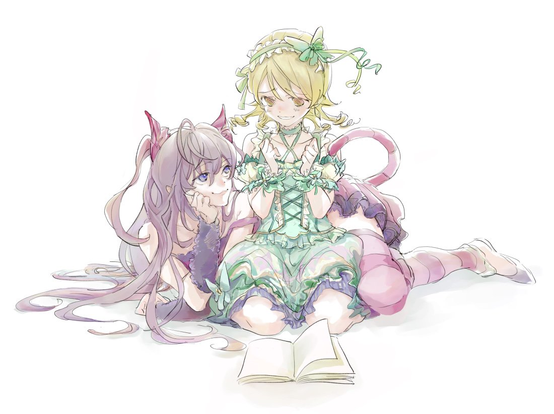 2girls :3 @_@ ahoge animal_ears bare_shoulders blonde_hair blue_eyes book cat_ears cat_girl cat_tail dress frilled_hairband frills green_dress hairband head_rest ichinose_shiki idolmaster idolmaster_cinderella_girls long_hair looking_at_another lying medium_hair morikubo_nono multiple_girls nervous nininiwa2 purple_hair ringlets simple_background sitting sketch smile striped striped_thighhighs tail thighhighs wavy_mouth white_background