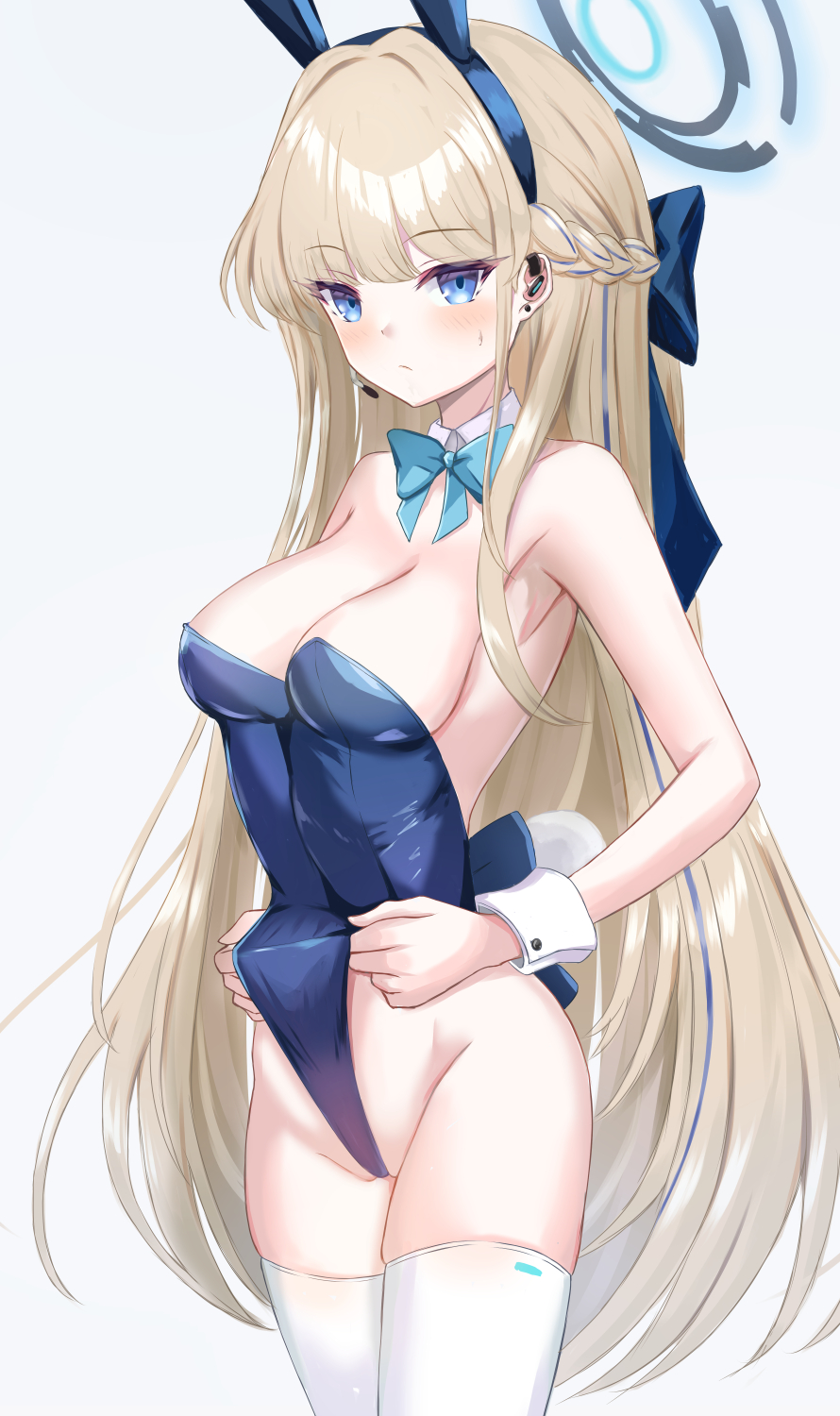 1girl animal_ears aqua_bow aqua_bowtie bare_shoulders blonde_hair blue_archive blue_eyes blue_hairband blush bow bowtie breasts cleavage closed_mouth commentary detached_collar fake_animal_ears fake_tail grey_background habu_rin hair_ornament hairband halo highres large_breasts long_hair looking_at_viewer playboy_bunny rabbit_ears rabbit_tail simple_background solo tail thighhighs thighs toki_(blue_archive) toki_(bunny)_(blue_archive) white_thighhighs wrist_cuffs