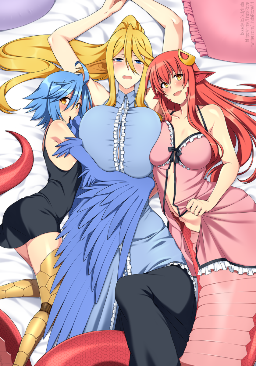 3girls arched_back asymmetrical_docking bare_shoulders blonde_hair blue_eyes blue_hair blue_wings blush breast_press breasts button_gap centorea_shianus collarbone commentary english_commentary frown hair_between_eyes hair_ornament harpy high_ponytail highres huge_breasts lamia large_breasts lindaroze long_hair looking_at_viewer lying miia_(monster_musume) monster_girl monster_musume_no_iru_nichijou multiple_girls nightgown on_back on_side open_mouth papi_(monster_musume) pillow pointy_ears red_hair scales smile thighs twitter_username watermark web_address winged_arms wings