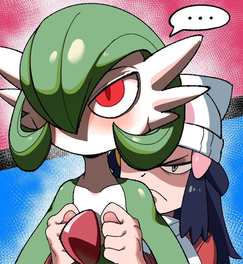 ... black_hair blush commentary_request dawn_(pokemon) doodle_shark fig_sign frown gardevoir grey_eyes hat korean_commentary pokemon pokemon_(creature) pokemon_dppt red_eyes sexually_suggestive shaded_face spoken_ellipsis