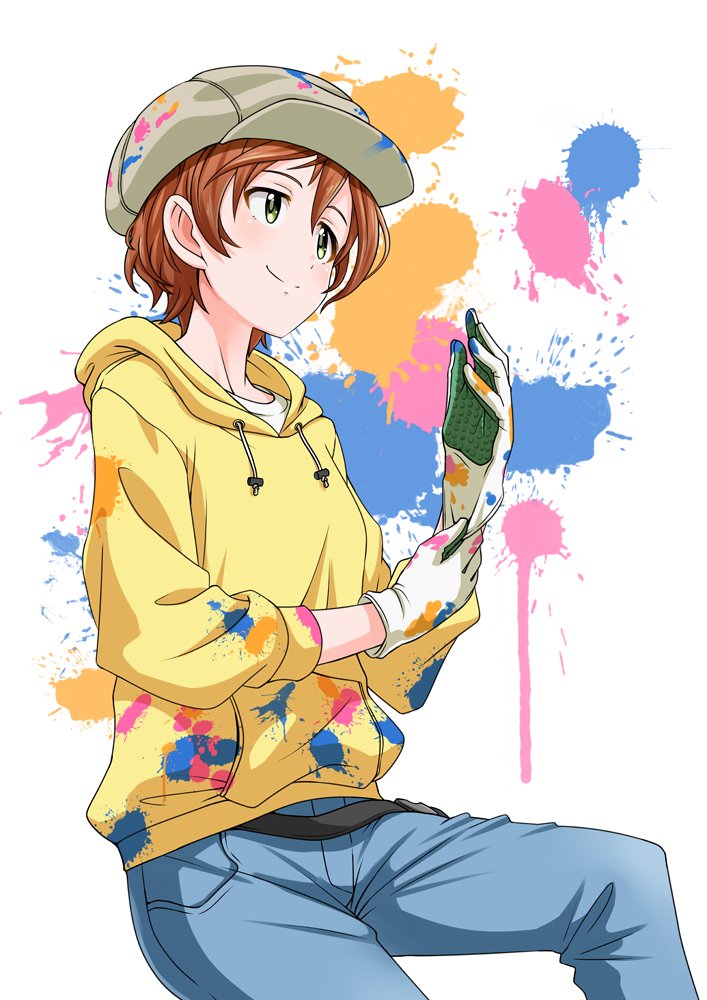 1girl belt black_belt brown_hair closed_mouth denim gloves green_eyes hige_(com) hood hoodie idolmaster idolmaster_cinderella_girls idolmaster_cinderella_girls_starlight_stage invisible_chair long_sleeves looking_at_another multicolored_background rubber_gloves shirt short_hair simple_background sitting smile solo white_headwear white_shirt yellow_hoodie yoshioka_saki