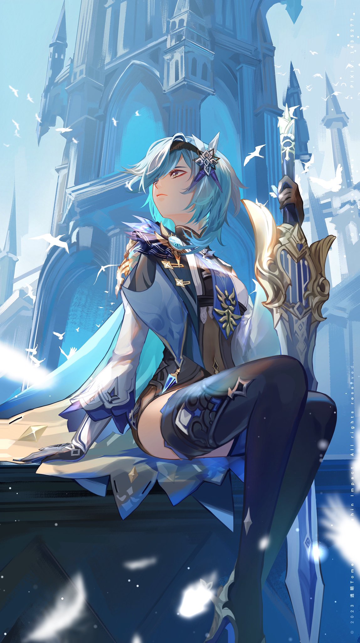 1girl arm_support bird black_gloves black_hairband blue_cape blue_hair blue_necktie blue_sky cape chest_harness church closed_mouth clothing_cutout copyright covered_navel dated day eula_(genshin_impact) european_architecture full_body genshin_impact gloves greatsword hair_ornament hairband harness high-waist_shorts highres instagram_username long_sleeves looking_afar looking_up medium_hair necktie outdoors parted_bangs pixiv_id shorts shoulder_cutout sidelocks sitting sky solo song_of_broken_pines_(genshin_impact) sword transparent_(artist) vision_(genshin_impact) weapon white_sleeves wide_sleeves yellow_eyes
