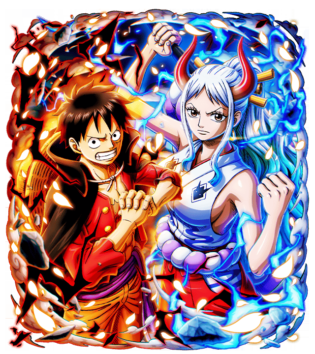 1boy 1girl bare_shoulders black_cloak black_hair brown_eyes clenched_hand cloak game_cg horns japanese_clothes looking_at_viewer medium_hair monkey_d._luffy official_art one_piece one_piece_treasure_cruise oni_horns open_clothes open_shirt red_shirt shirt teeth white_hair yamato_(one_piece)