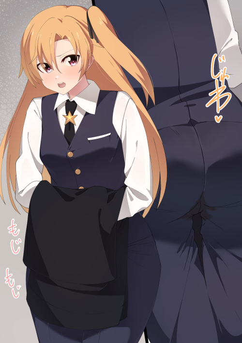 1girl ass azur_lane black_necktie black_pants black_ribbon black_vest blush breast_pocket buttons cleveland_(azur_lane) collared_shirt commentary_request cowboy_shot grey_background hair_ribbon hands_up have_to_pee heart holding long_hair long_sleeves looking_at_viewer minamimachi_naname multiple_views necktie one_side_up open_mouth orange_hair pants partial_commentary peeing peeing_self pocket red_eyes ribbon shirt sidelocks simple_background standing star_(symbol) teeth translation_request vest wet wet_clothes wet_pants white_shirt