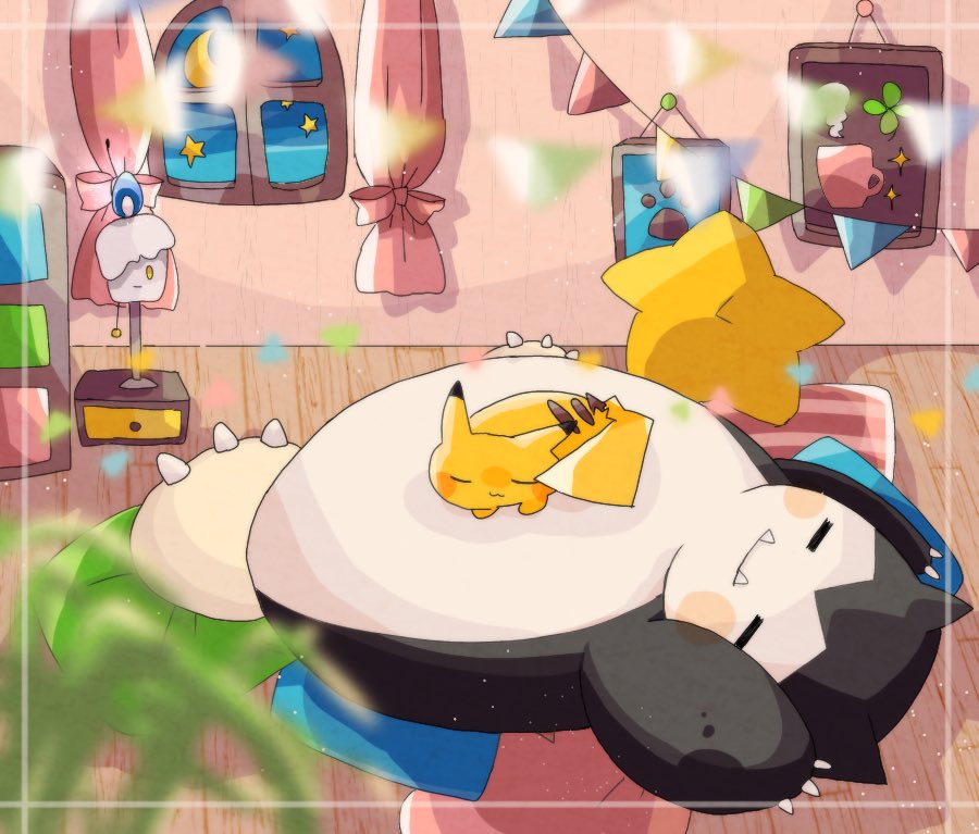 animal_focus blurry blurry_foreground closed_eyes coffee_mug colored_skin commentary_request crescent_moon cup fangs hanabusaoekaki lamp litwick lying moon mug no_humans pikachu plant pokemon pokemon_(creature) snorlax sparkle star_(symbol) streamers window wooden_floor yellow_eyes yellow_skin