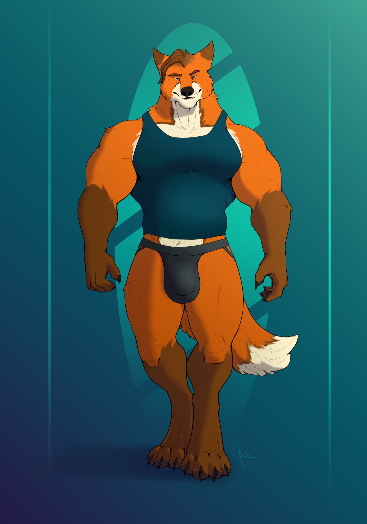 anthro biceps blue_eyes bulge canid canine clothing fox fullbodywolf genital_outline hair hi_res jockstrap male mammal muscular muscular_anthro muscular_male pecs penis_outline shirt solo tank_top tight_clothing tight_topwear topwear underwear