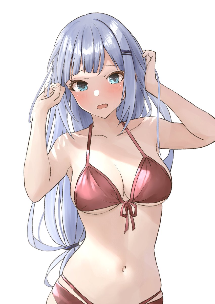 1girl b1ack_illust bikini blue_eyes blue_hair blush bow breasts cleavage collarbone dot_nose front-tie_bikini_top front-tie_top hair_bow hair_ornament hairpin hands_up highres idolmaster idolmaster_million_live! idolmaster_million_live!_theater_days long_hair looking_at_viewer medium_breasts navel open_mouth red_bikini shiraishi_tsumugi shy simple_background solo swimsuit upper_body very_long_hair white_background wince