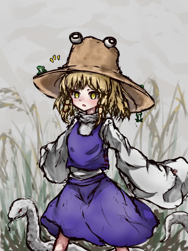 1girl blonde_hair blush brown_headwear frog hat long_sleeves medium_hair moriya_suwako myui17901139 notice_lines open_mouth outstretched_arms purple_skirt purple_vest red_ribbon reeds ribbon shirt sidelocks skirt snake solo spread_arms touhou vest white_shirt wide_sleeves yellow_eyes